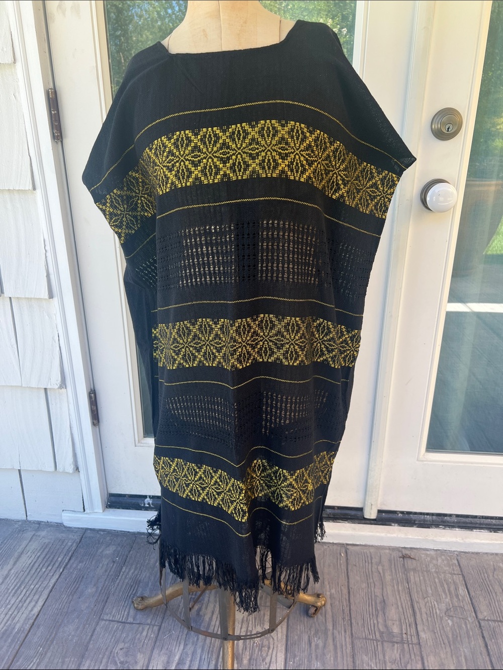 Patterned Fringe Women's Dress tunic hand woven one size yellow black